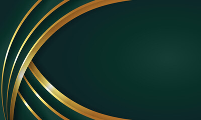 Curved golden lines on a dark green color background. Luxury realistic concept.