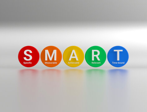 The abbreviation SMART is a strategy for setting goals and objectives. Colored circkes with the abbreviation S.M.A.R.T. - Specific, Measurable, Achievable, Relevant and Time bound. 3D rendering