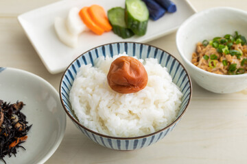 炊き立てご飯と梅干し