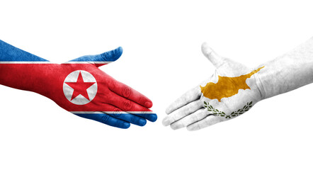 Handshake between Cyprus and North Korea flags painted on hands, isolated transparent image.