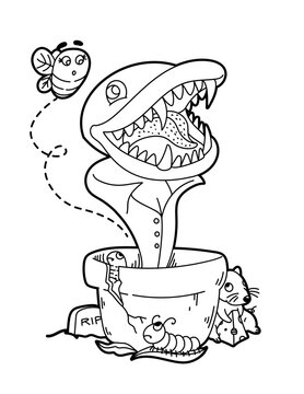 Venus Fly Trap, Coloring Book, Vector, Cartoon