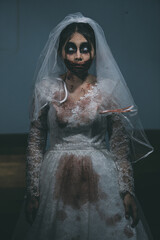 Portrait of asian woman make up ghost bride death and blood the horror is darkness scary horror...