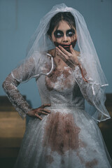 Portrait of asian woman make up ghost bride death and blood the horror is darkness scary horror...