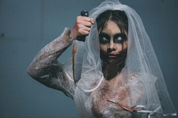 Portrait of asian woman make up ghost bride death and blood the horror is darkness scary horror...