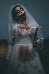 Portrait of asian woman make up ghost bride death and blood the horror is darkness scary horror...
