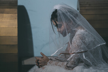 Portrait of asian woman make up ghost bride death and blood the horror is darkness scary horror...