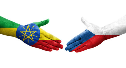 Handshake between Czechia and Ethiopia flags painted on hands, isolated transparent image.