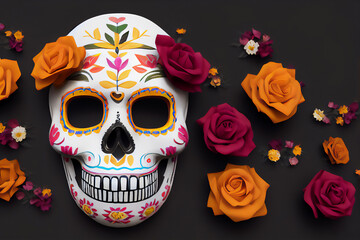 Hispanic heritage sugar skull marigold  Festive dia de los muertos background halloween digital illustration