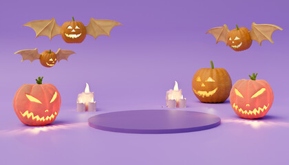 Halloween theme product display podium purple graphic background with a bunch of 3D flying pumpkin lantern and candlelight illustration