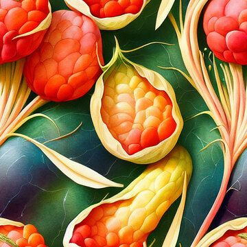 Fancy imaginative fantasy vegetables seamless repeat pattern tile. Digital paper detailed watercolor style. Motif botanical background