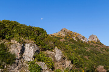 Rock and green hill in Christchurch, New Zealand.
