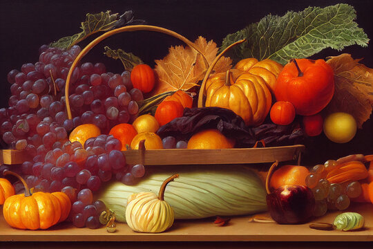 Autumn fruit vegetable organic on table harvest digital illustration