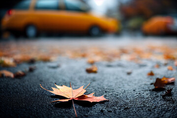 Close-up of autumn foliage on wet asphalt road copy space background blur digital