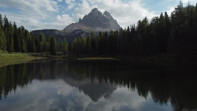 Dolomites Antorno Lake Aerial 1Antorno Lake and Tre Cime di Lavaredo Peaks Reflection in Italian Dolomites