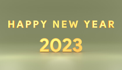 Happy new year 2023 text gold color with gray background 3d render illustration minimalist style