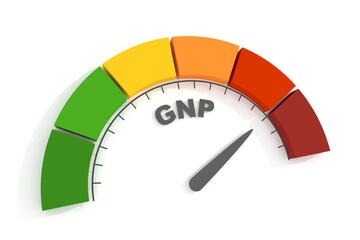 Gross National Product measuring. Scale with arrow. 3D render