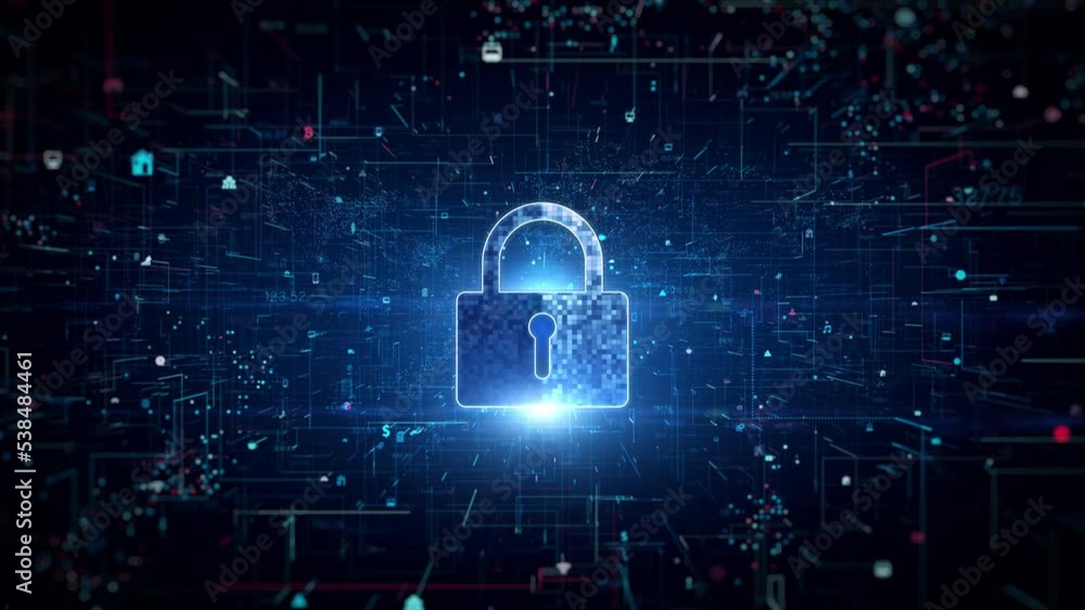 Aufkleber Blue Padlock Icon Cyber Security, Digital Data Network Protection, Future Technology Blockchain Digital Data Network Connection Matrix Abstract Background Concept.