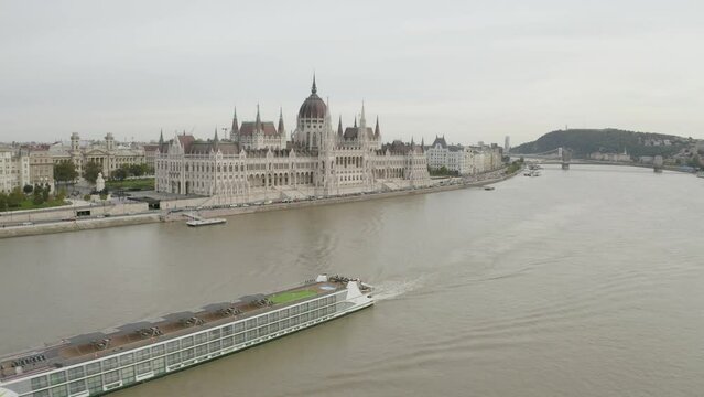 Riverboat in Budapest Hungary, 4k Aerial Drone Footage