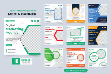 Modern business promotion web banner set vector with abstract shapes. Digital marketing agency social media post collection for advertisement. Professional marketing agency template bundle design.