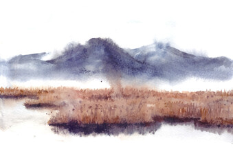 Beautiful mountain and lake in watercolor painting