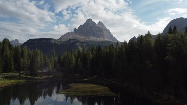 Antorno Lake and Tre Cime di Lavaredo Peaks Reflection in Italian Dolomites
