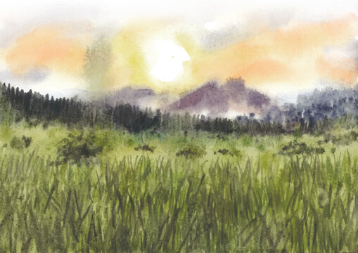 Sunrise view of savannah nature landscape in watercolor painting