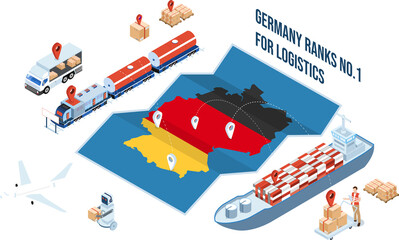 3D isometric Germany Logistics concept with Global Logistics, Warehouse Logistics, Sea Freight Logistics,  Export, Import, Cargo, Air, Road, Maritime delivery. Clipart Transparent PNG