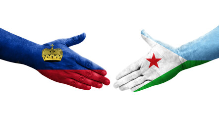 Handshake between Djibouti and Liechtenstein flags painted on hands, isolated transparent image.