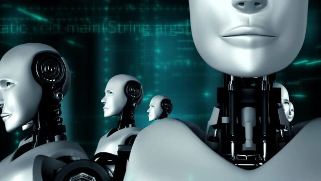 Futuristic robot artificial intelligence huminoid AI programming coding technology development and machine learning concept. Robotic bionic science research for future of human life. 3D rendering.