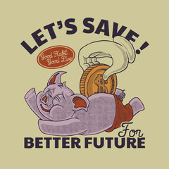 cartoon emblem of funny piggy bank mascot with retro style
