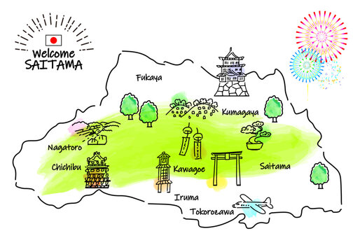 埼玉県の観光地のシンプル線画イラストマップ