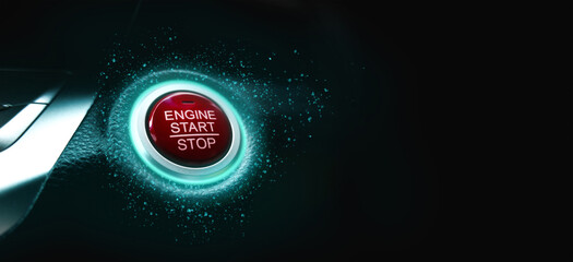 The electric car engine start stop button is illuminated by a blue light , panoramic banner with copy space on black background - obrazy, fototapety, plakaty