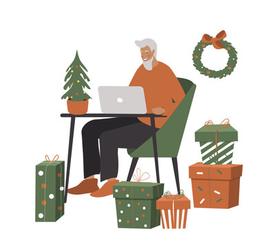 vector illustration in a flat style - santa claus sits at a laptop and prepares gifts