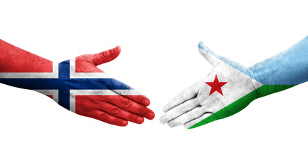 Handshake between Djibouti and Norway flags painted on hands, isolated transparent image.