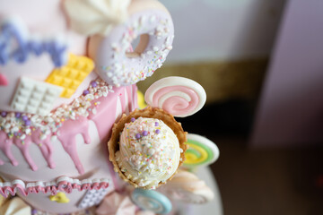Birthday cake with decorations - close up view