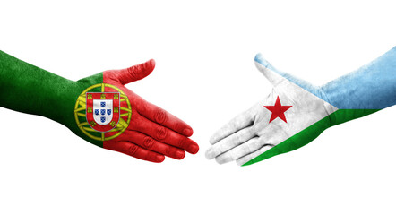 Handshake between Djibouti and Portugal flags painted on hands, isolated transparent image.