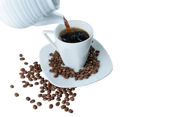 Teapot pouring coffee into cup surrounded by coffee beans (PNG).
