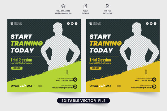 Modern gym business promotional poster design with photo placeholders. The gym training session discount offer templates with green and yellow colors. Professional fitness gym social media post vector