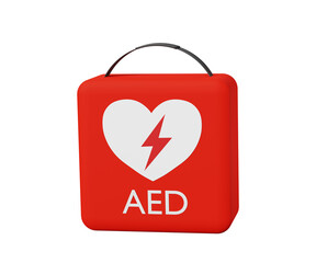 3D rendering red box of portable cardiac defibrillator AED, isolated on white background.
