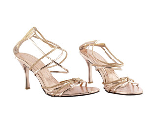 pair of beige high heel sandal shoes with glitter strap and zipper isolated on white background,...