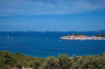 Fototapeta na wymiar Mediterranean seascape with lot of islands and historic town on peninsula