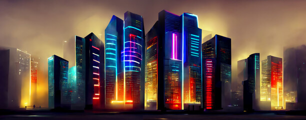 Futuristic modern big city with skyscrapers and neon lights. Technology and future concept. Partially generated by a neural network, no reference images.