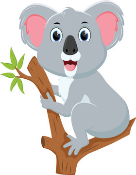 Cartoon Cute koala sit on tree branch