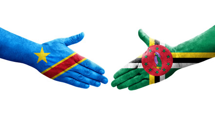 Handshake between Dominica and Dr Congo flags painted on hands, isolated transparent image.