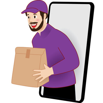 Delivery Man In A Purple Uniform Carrying Food To Customers. A Delivery Man Coming Out Of The Mobile Phone. Buying Food With A Mobile Phone Is Convenient And Fast.