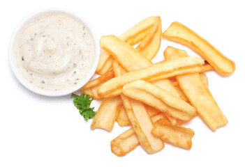 French fries potatoes and dip sauce isolated on white background