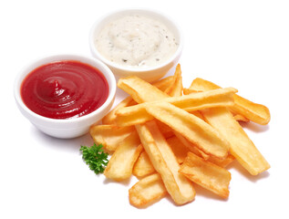 French fries potatoes and dip sauce isolated on white background