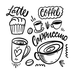 Set cups or mugs coffee. Outline flat design doodle style. Vector illustration.