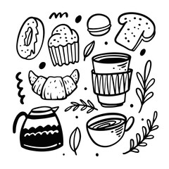 Doodle outline breakfast set. Hand drawn black color vector illustration.