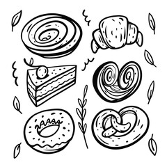 Doodle sweet bakery food set objects. Hand drawn outline flat icons. Vector illustration.